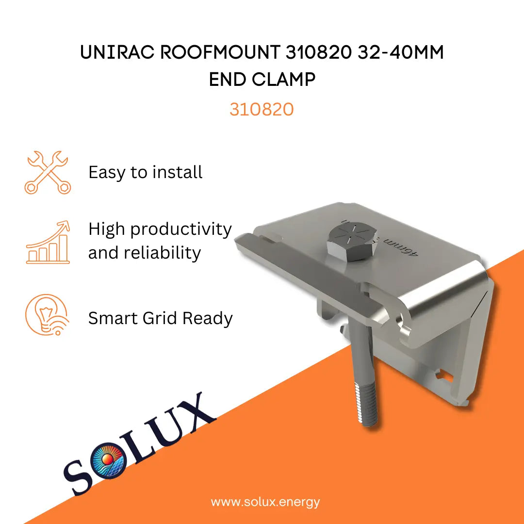 UNIRAC ROOFMOUNT 310820 32-40MM END CLAMP with Solux logo on an orange and white background